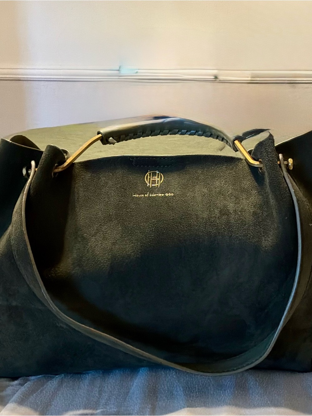 House of Harlow 1960 Black Suede Tote with Gold Accents
